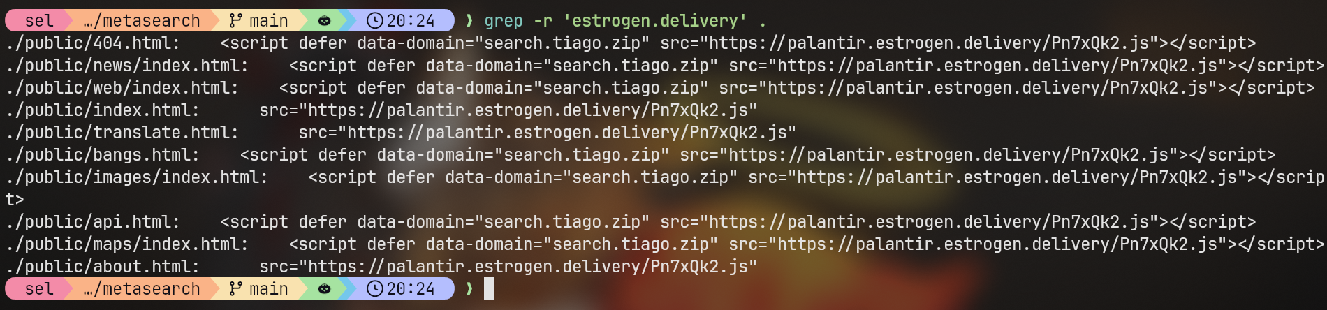A grep of metasearch's source code for 'estrogen dot delivery'. Every HTML page has one result, which is a script tag in the head to the aforementioned JavaScript file.