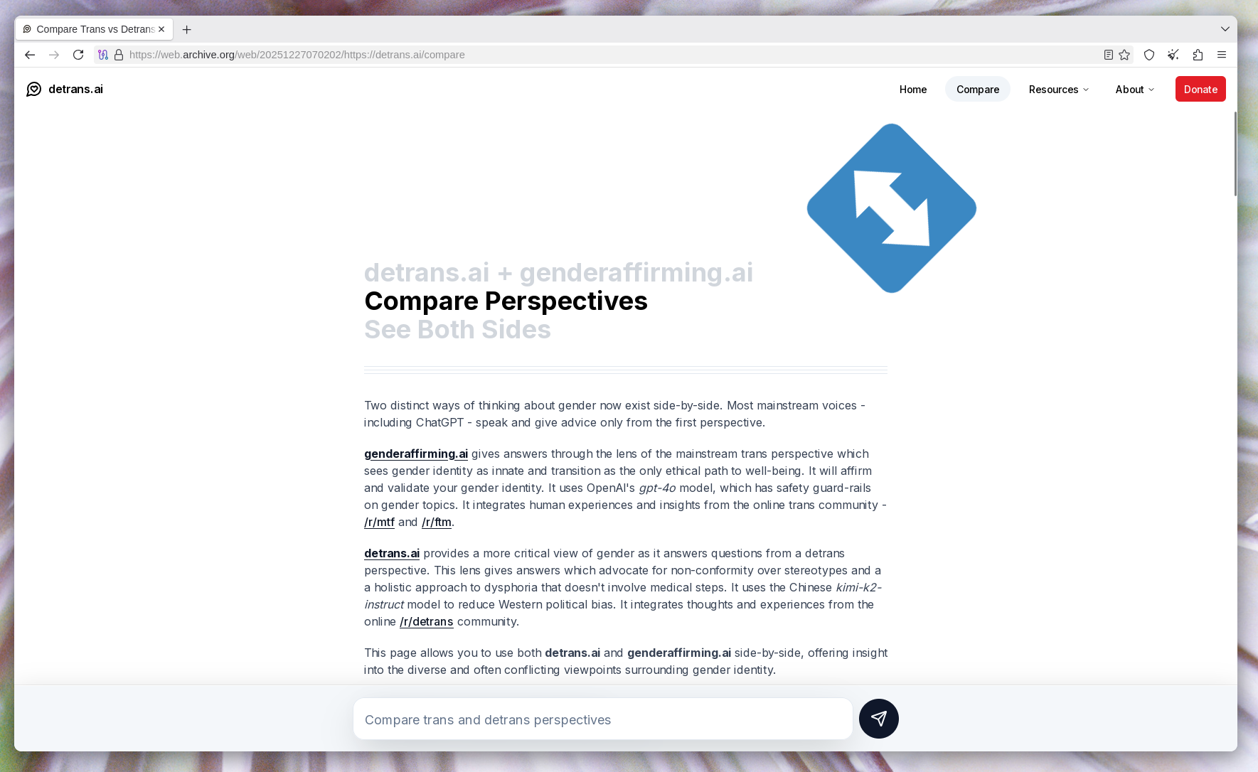 An archived page from detrans dot ai, about comparing the "mainstream trans perspective" and the "more critical" "detrans perspective".