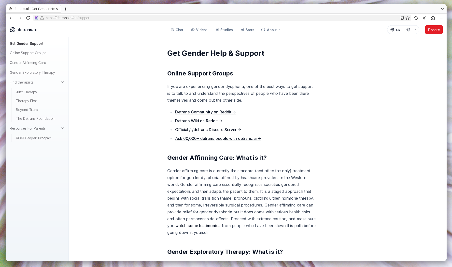 A page on detrans (dot) ai called "Get Gender Help & Support". It has the following sections: "Online Support Groups", "Gender Affirming Care: What is it?", "Gender Exploratory Therapy: What is it?", "Find therapists", and "Resources for parents".