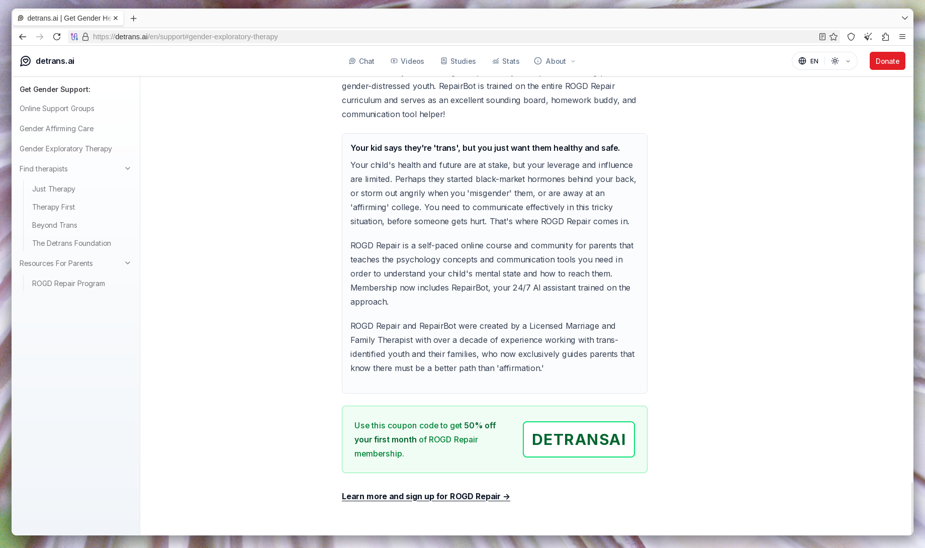 The same page talking about "ROGD Repair". The text on the bottom is in a highlighted container that slightly highlights it. There's also a big green box on the bottom, advertising a coupon code.
