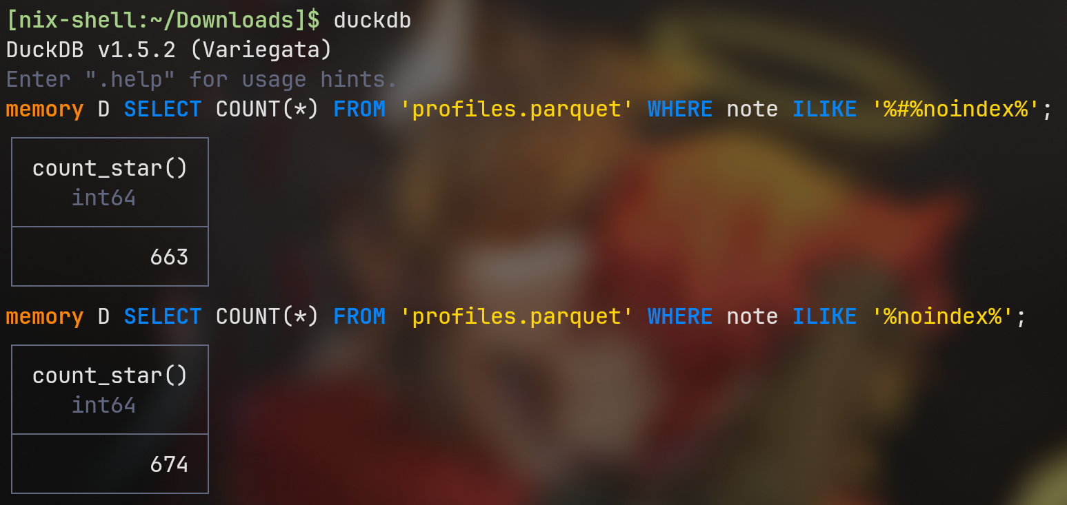 Two queries in the 'profiles' parquet table, for the amount of users with bios including '#noindex' and just 'noindex'