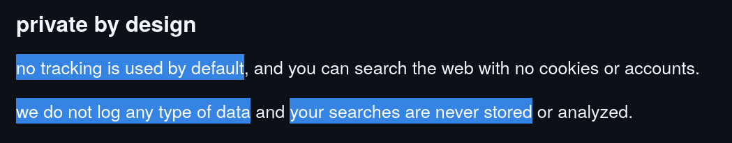 A picture of the readme of metasearch: "private by design", "no tracking is used by default, and you can search the web with no cookies or accounts.", and "we do not log any type of data and your searches are never stored or analyzed."