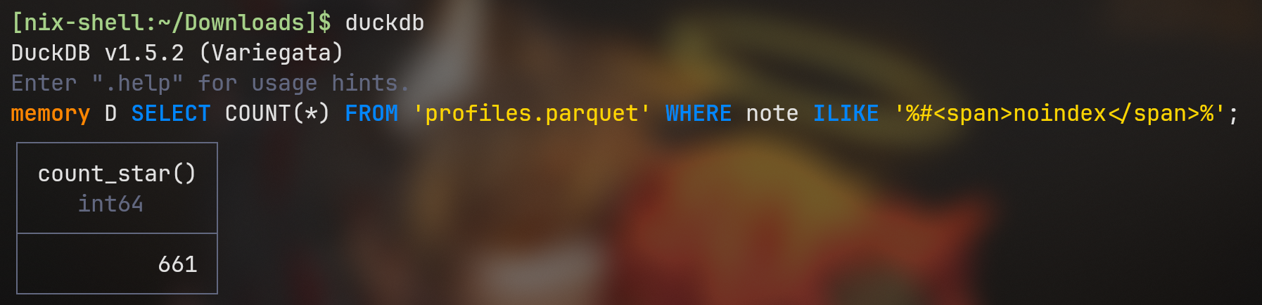A query in the 'profiles' parquet table, for the amount of users with bios including specifically 'noindex' split apart by an HTML span element, as described above.