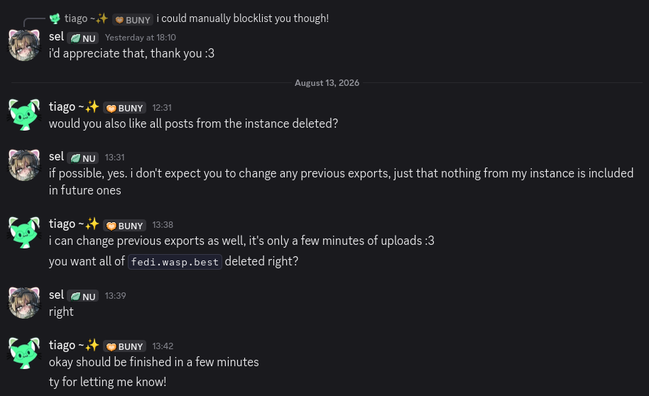 A screenshot of my discord DMs with Tiago. I tell him that I'd appriciate being manually blocklisted, and he retroactively removes my instance from all previous exports.