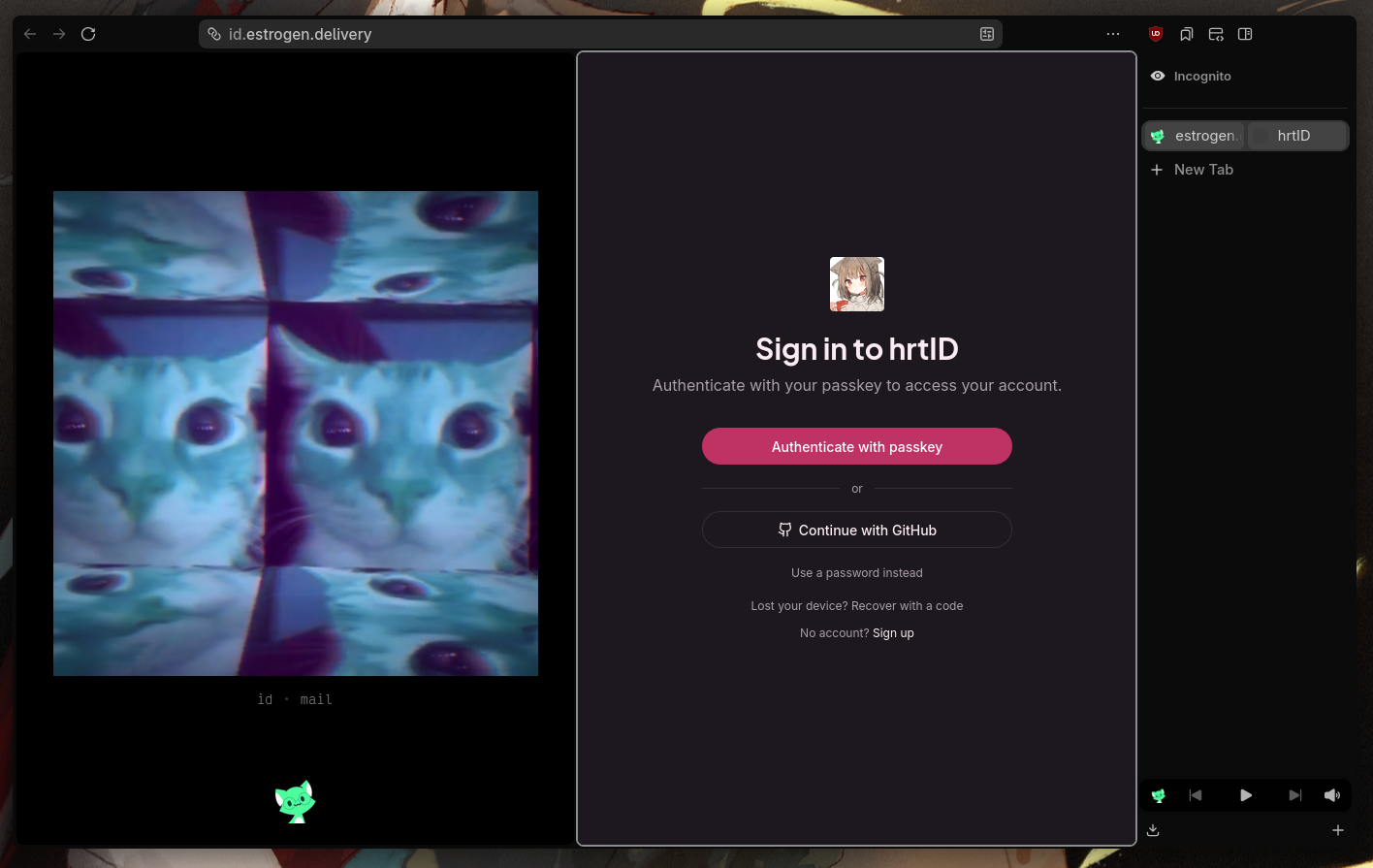 A split view of both the hrtID login screen (has a small sqaure image of a catgirl, and options to log in with a passkey, github, a password, or make an account), and the 'estrogen delivery' homepage (black screen with an image of cats, and links to 'id', 'mail', and Tiago's website)