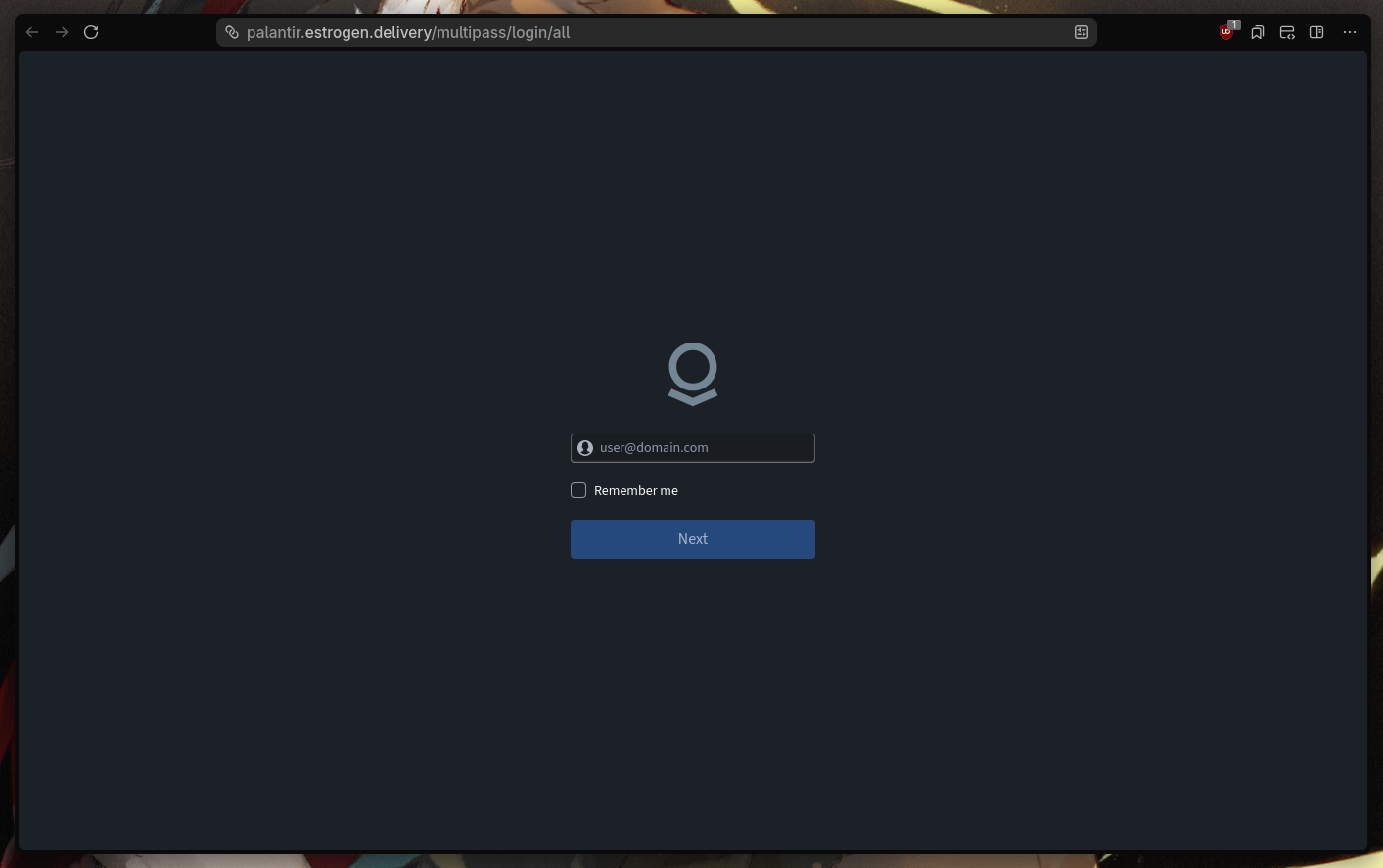 A login page that looks like it would be a Palantir product. There's a palantir logo, palantir icons for the email field, a "Remember me" checkmark, and a "Next" button.